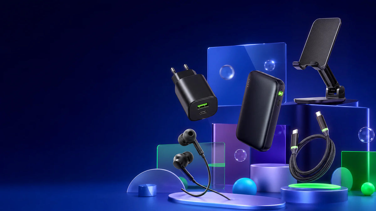 Carregadores, power bank e cabos para celular em cenário tecnológico da VERO