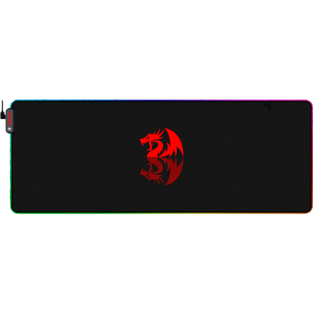 Mouse Pad Gamer Redragon Neptune preto com logotipo vermelho e borda RGB