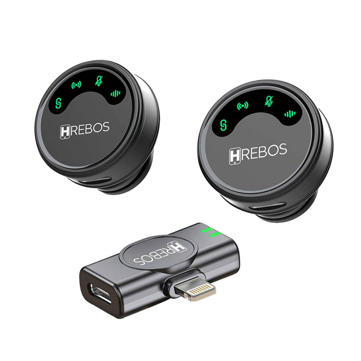 Dois microfones Hrebos AirMic IF-1000 pretos com receptor Lightning