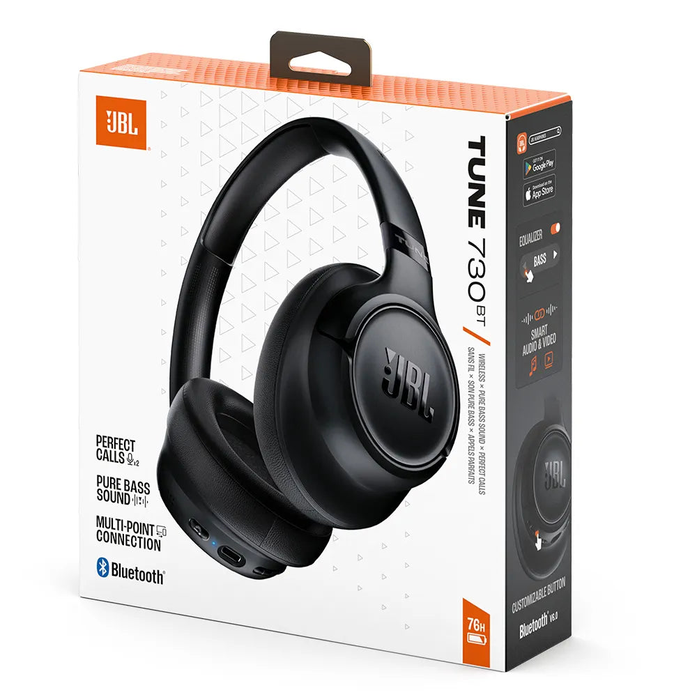 Headphone JBL Tune 730BT preto diante da embalagem