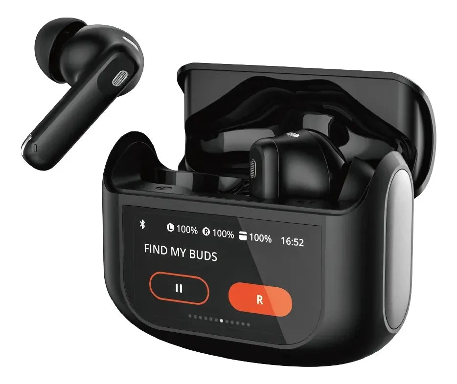 Fones Hrebos AirTouch EB-216 pretos com estojo aberto e display