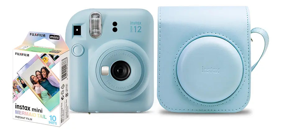 Kit Instax Mini 12 azul com bolsa azul e filme instantâneo