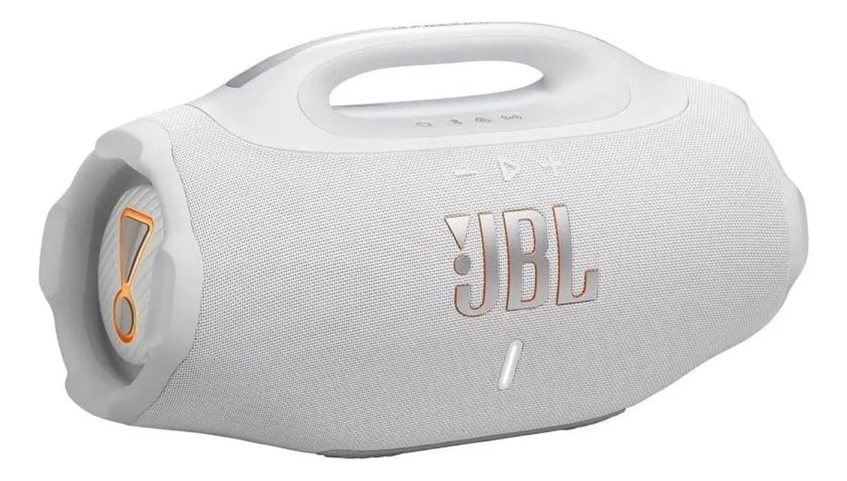 Caixa de Som JBL Boombox 4 branca em perspectiva lateral