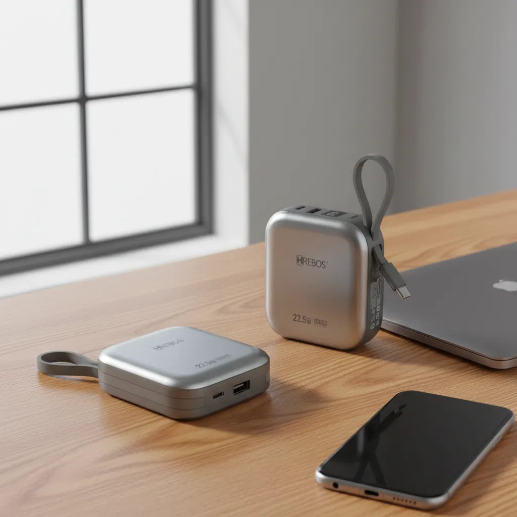 Duas vistas do Power Bank Hrebos MiniVolt PB-918 cinza com cabos e portas