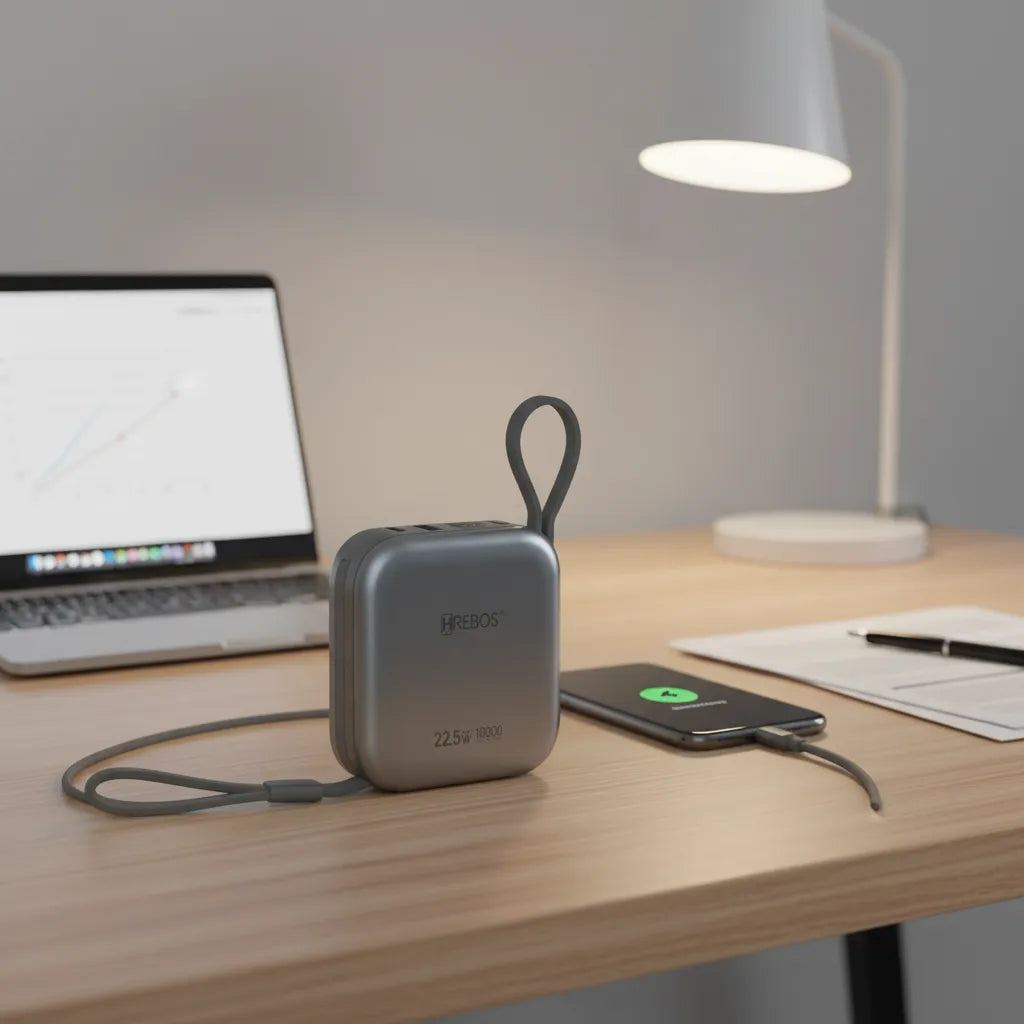 Power Bank Hrebos MiniVolt PB-918 cinza conectado a um smartphone sobre uma mesa