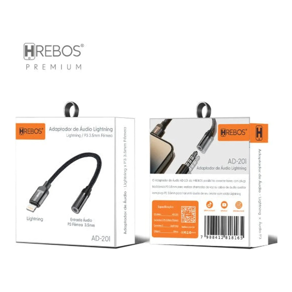 Embalagem frontal e traseira do Adaptador de Áudio Hrebos AD-201 Lightning para P2