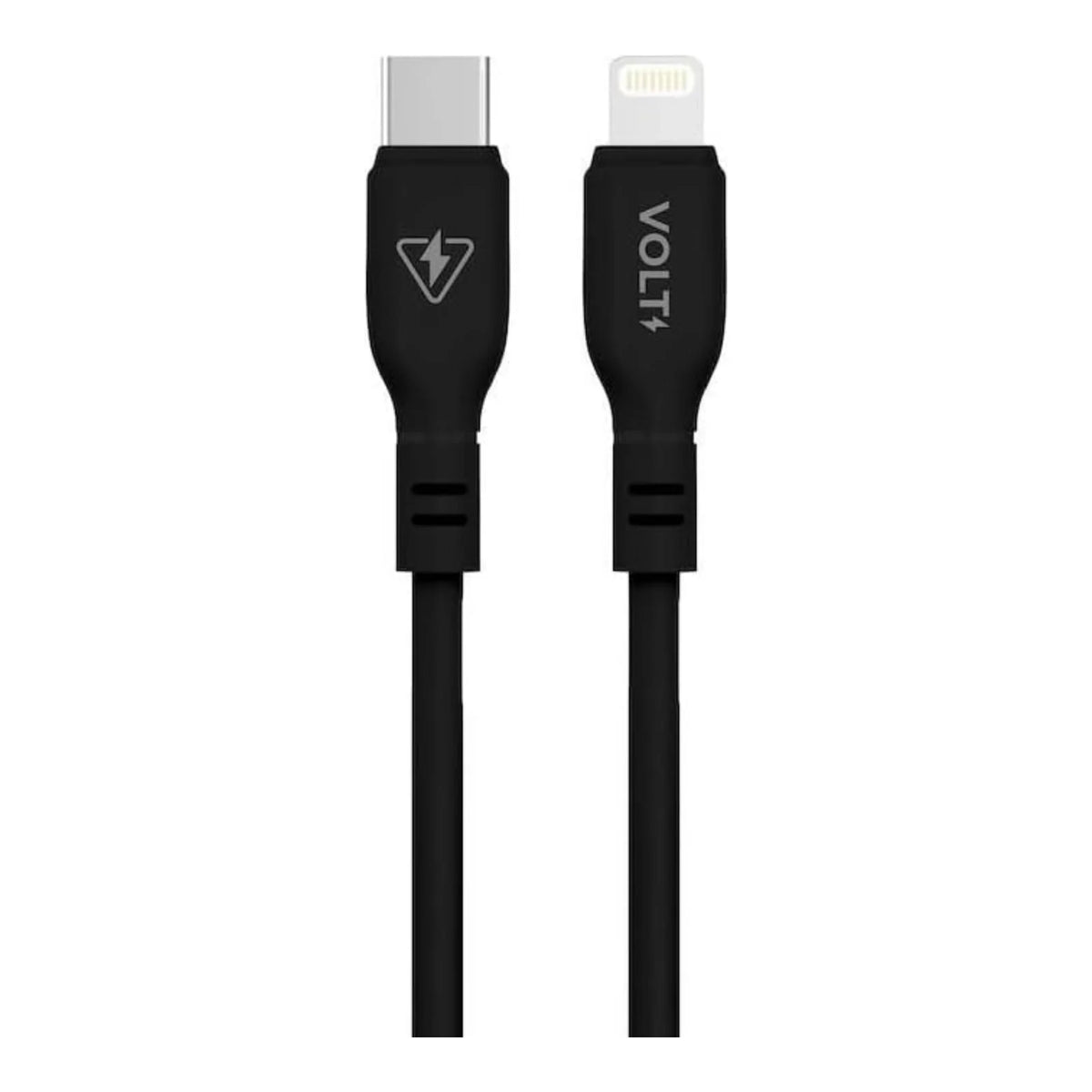 Cabo Volt Flex Pro USB-C para Lightning preto com conectores em destaque