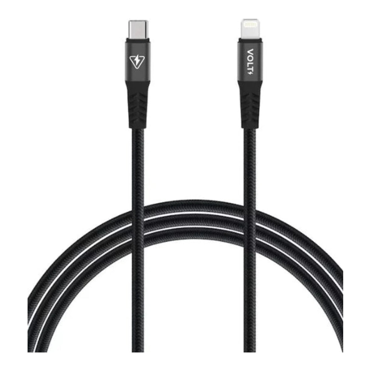 Cabo Volt Metal Pro USB-C para Lightning preto com conectores em destaque