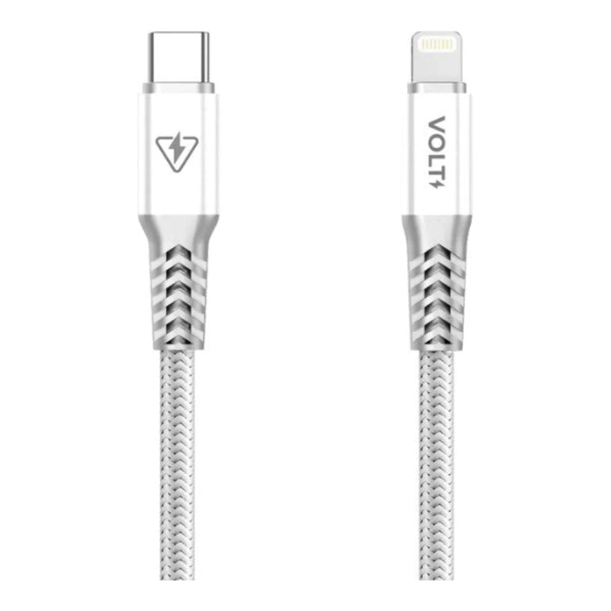 Cabo Volt Metal Pro USB-C para Lightning branco com conectores em destaque