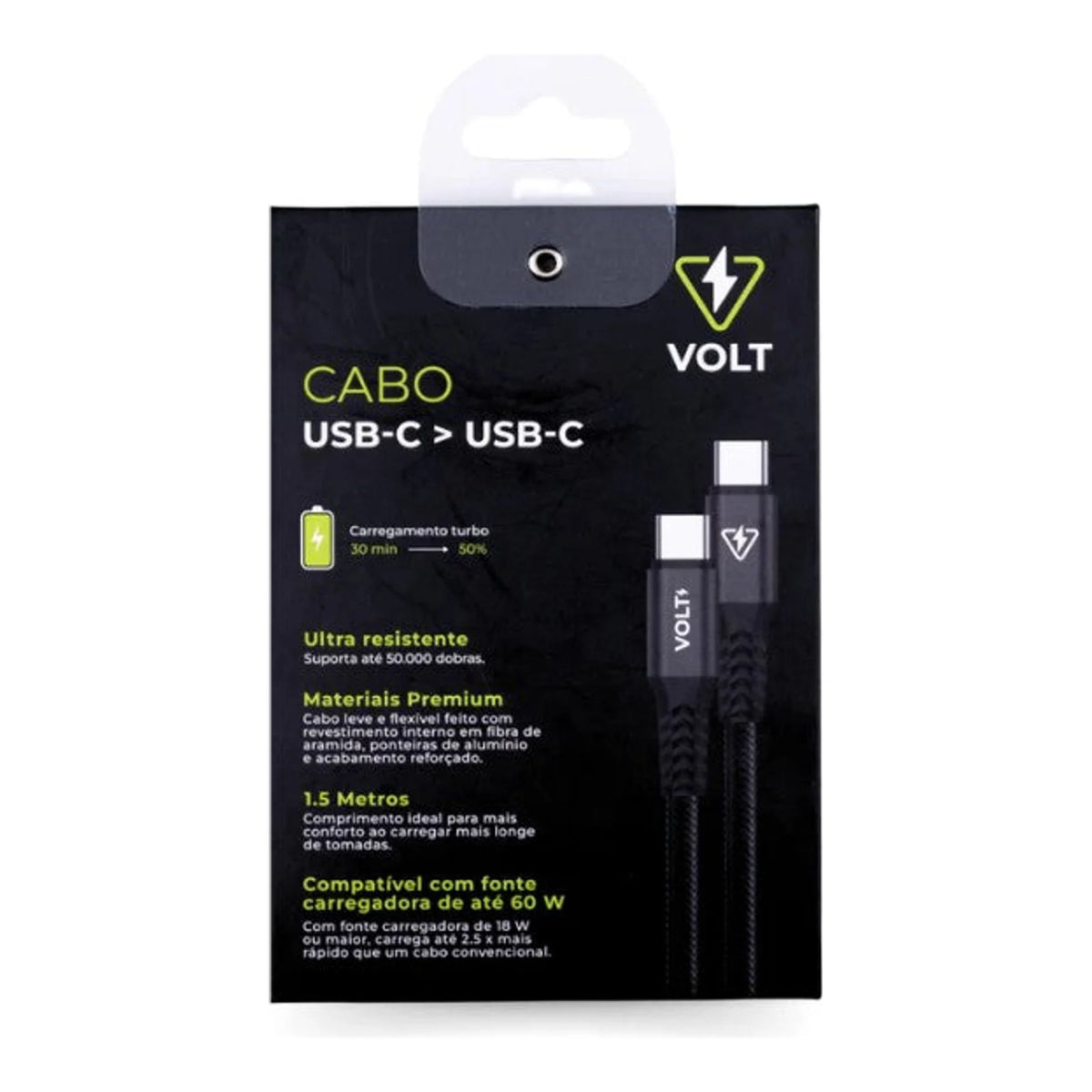 Embalagem traseira do Cabo Volt Metal Pro USB-C para USB-C