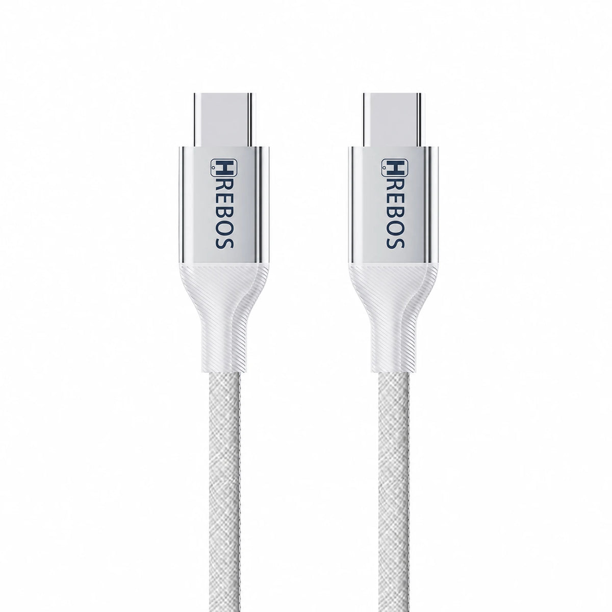 Cabo branco USB-C para Lightning com os dois conectores sobre fundo branco