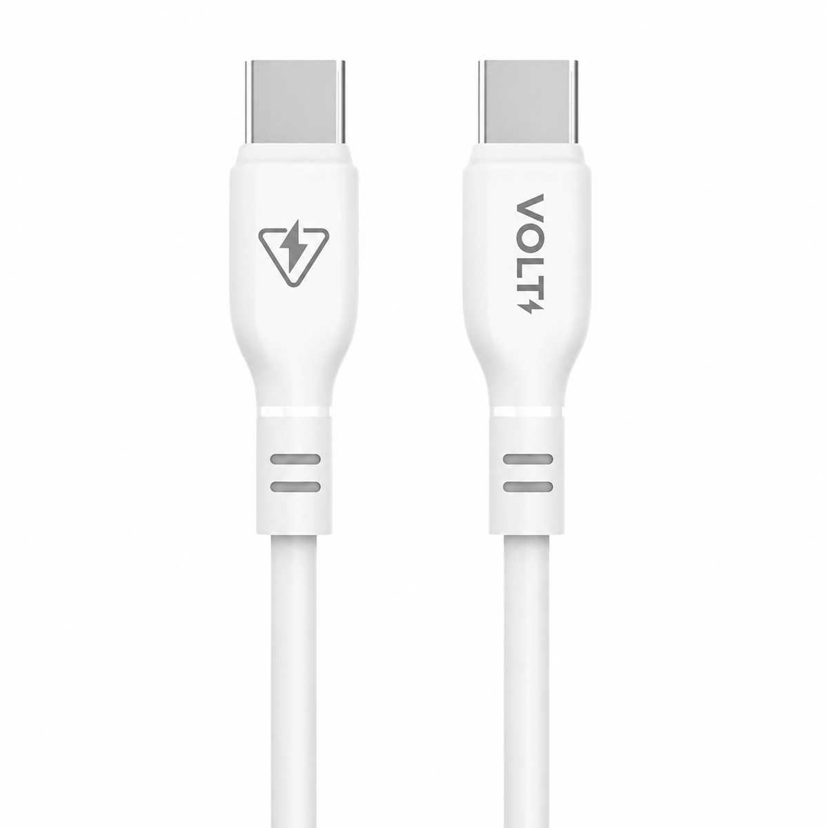 Cabo Volt Flex Pro USB-C para USB-C branco de 1,5 m com conectores em vista frontal