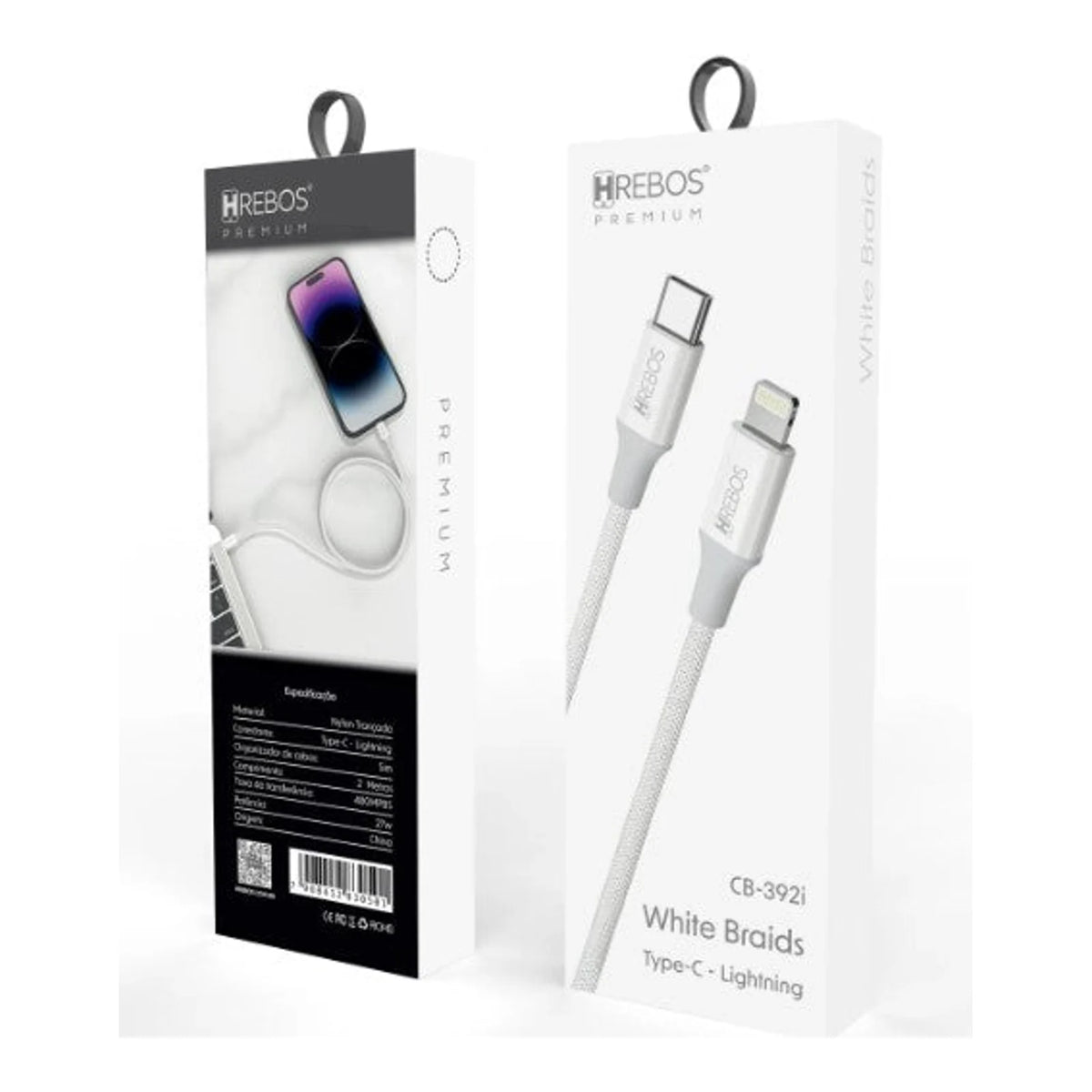 CABO WHITE BRAIDS TYPE-C PARA LIGHTNING 1M CB-392 HREBOS BRANCO - imagem 2 de 6