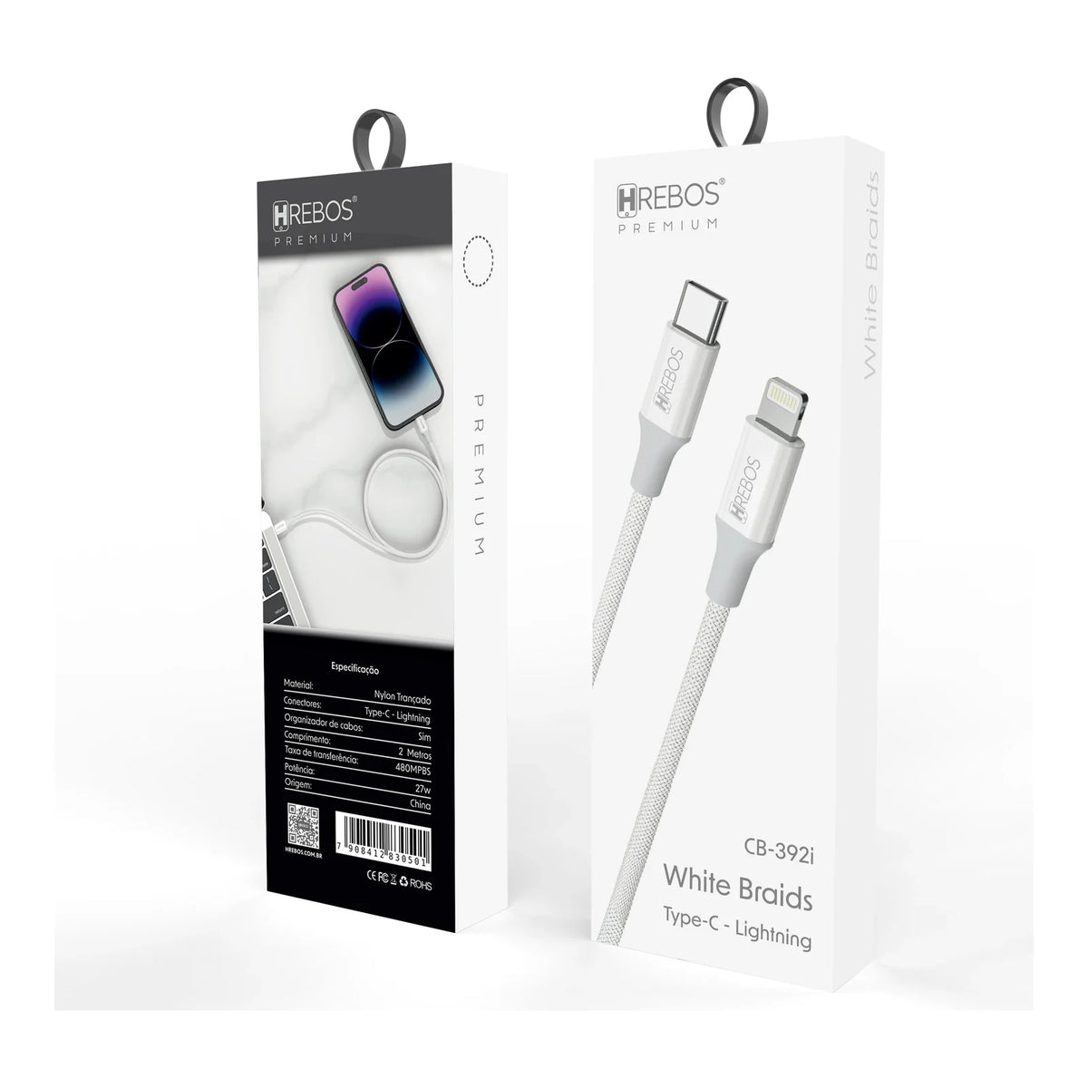 CABO WHITE BRAIDS TYPE-C PARA LIGHTNING 1M CB-392 HREBOS BRANCO - imagem 4 de 6