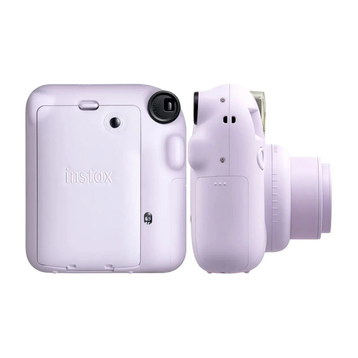 Câmera Instax Mini 12 lilás nas vistas traseira e lateral