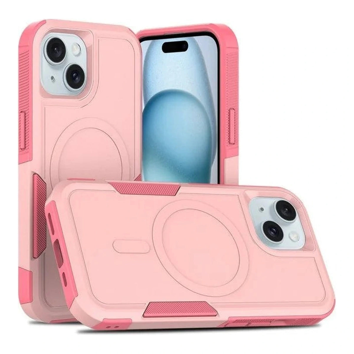 Capa Commander com MagSafe rosa para iPhone 15 em vista traseira