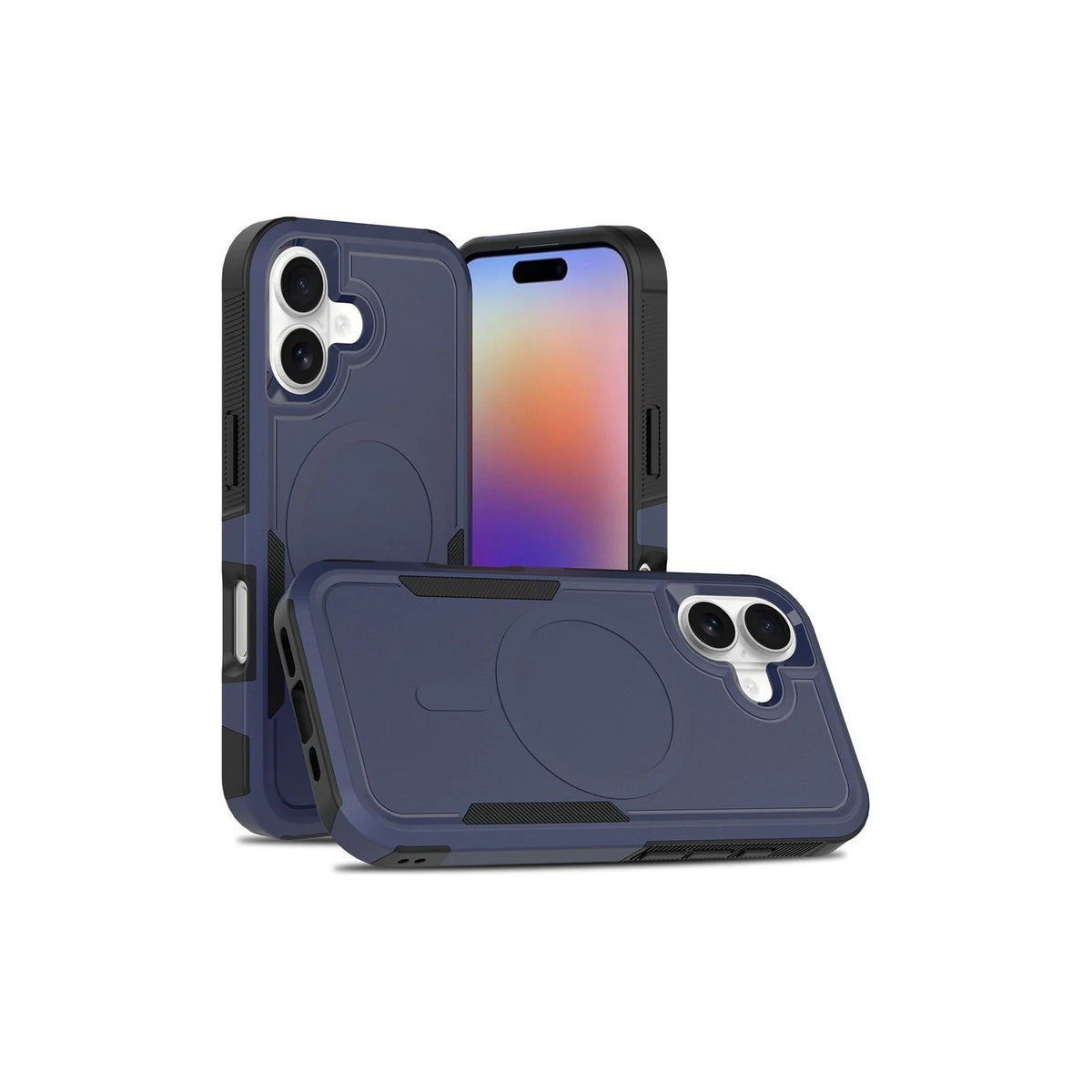 Capa Commander com MagSafe azul com preto para iPhone 16 em perspectiva