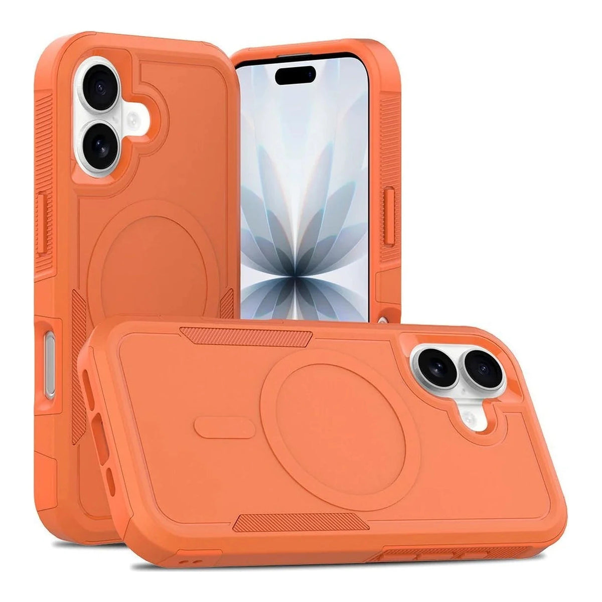 Capa Commander laranja com MagSafe para iPhone 17, vistas frontal e traseira