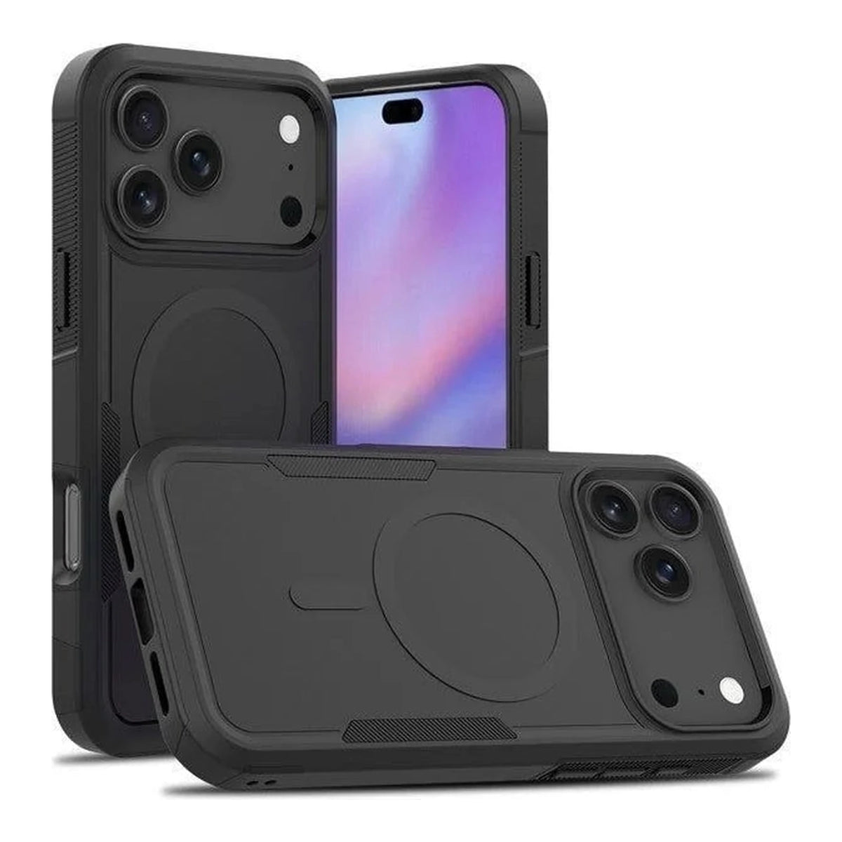 Capa Commander preta com MagSafe para iPhone 17 Pro Max, vistas frontal e traseira