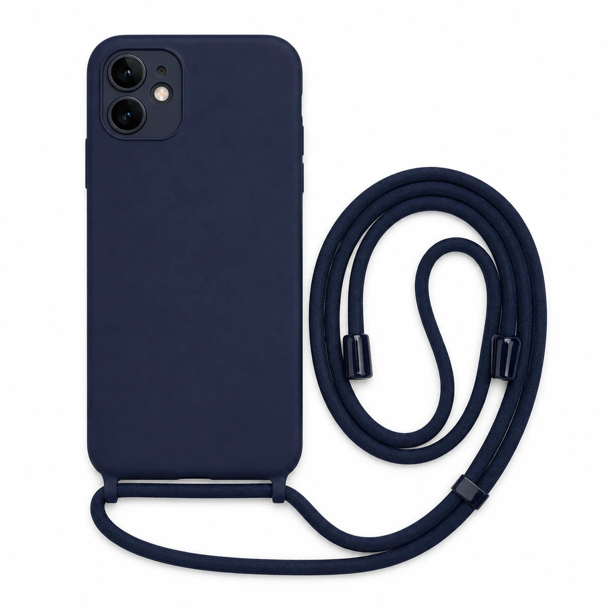 Capa Slim Bag azul-marinho para iPhone 11 com escala ampliada e cordão completo sobre fundo branco