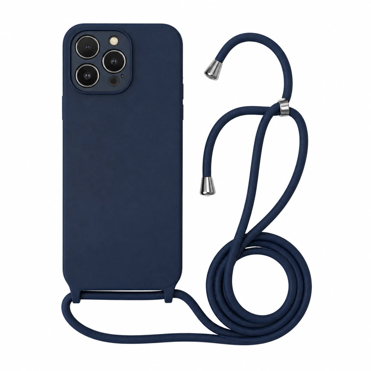 Capa Slim Bag azul-marinho para iPhone 12 Pro com escala ampliada e cordão completo sobre fundo branco