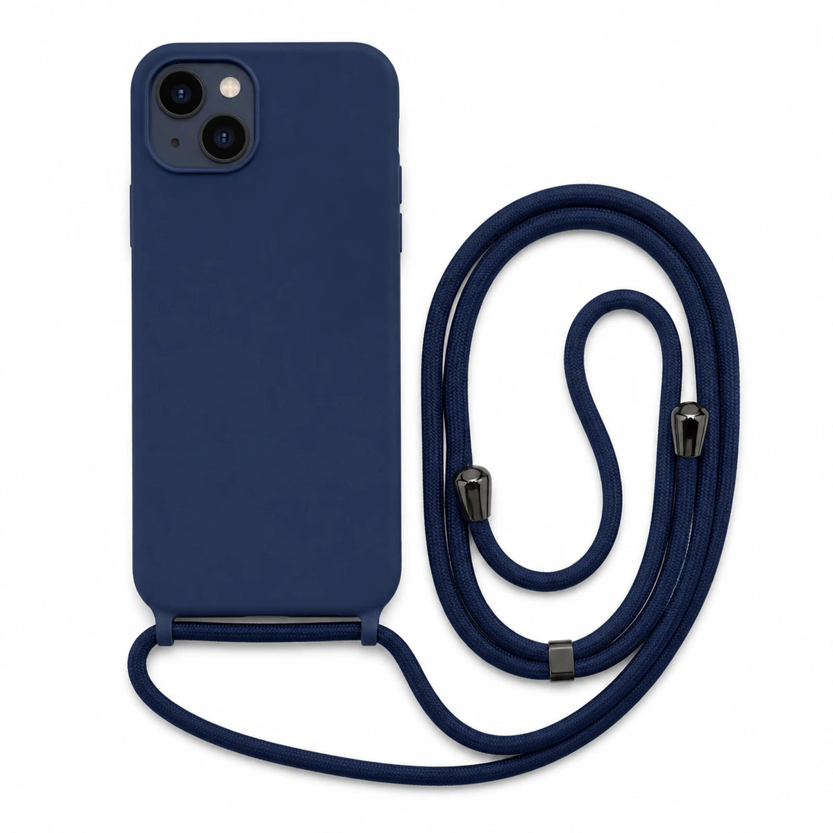 Capa Slim Bag azul-marinho para iPhone 13 com escala ampliada e cordão completo sobre fundo branco