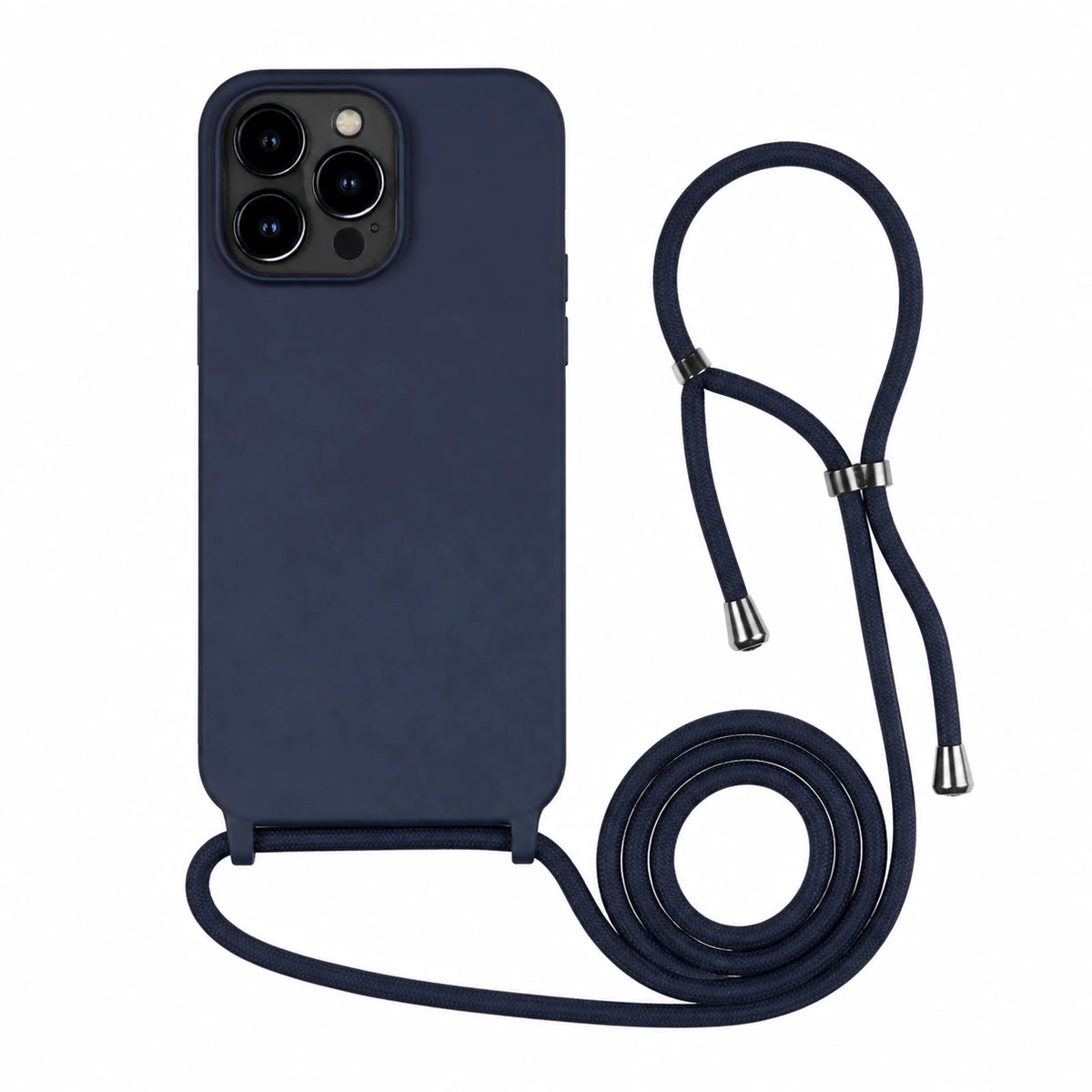 Capa Slim Bag azul-marinho para iPhone 13 Pro Max com escala ampliada e cordão completo sobre fundo branco