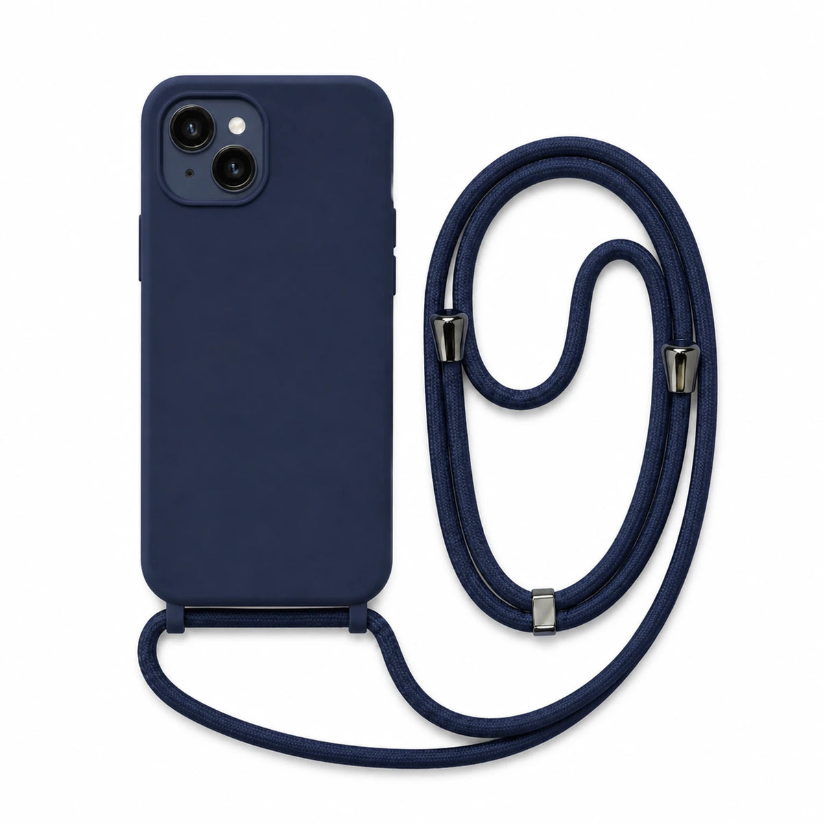 Capa Slim Bag azul-marinho para iPhone 14 com escala ampliada e cordão completo sobre fundo branco