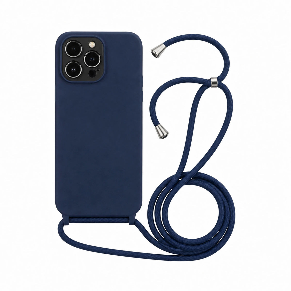 Capa Slim Bag azul-marinho para iPhone 14 Pro com escala ampliada e cordão completo sobre fundo branco