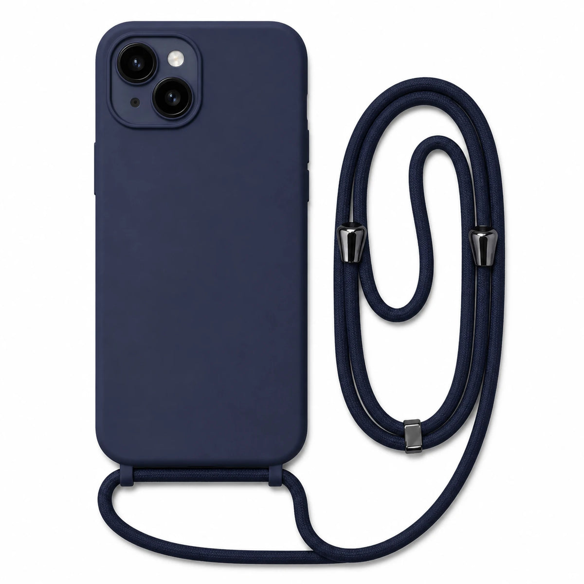 Capa Slim Bag azul-marinho para iPhone 15 Plus com escala ampliada e cordão completo sobre fundo branco