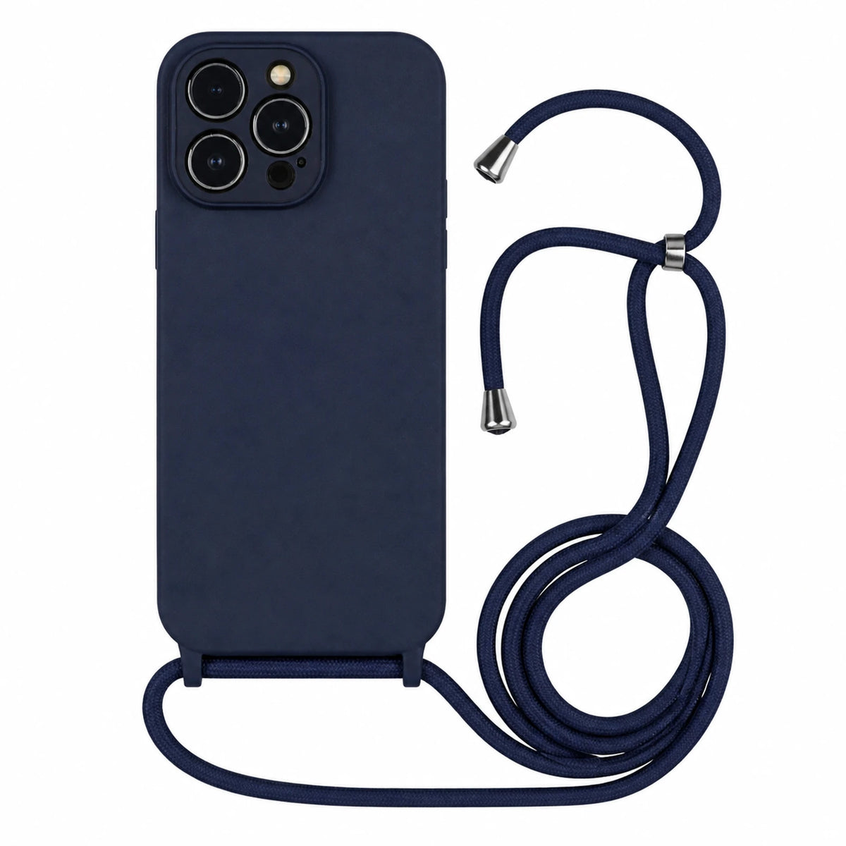 Capa Slim Bag azul-marinho para iPhone 15 Pro com escala ampliada e cordão completo sobre fundo branco
