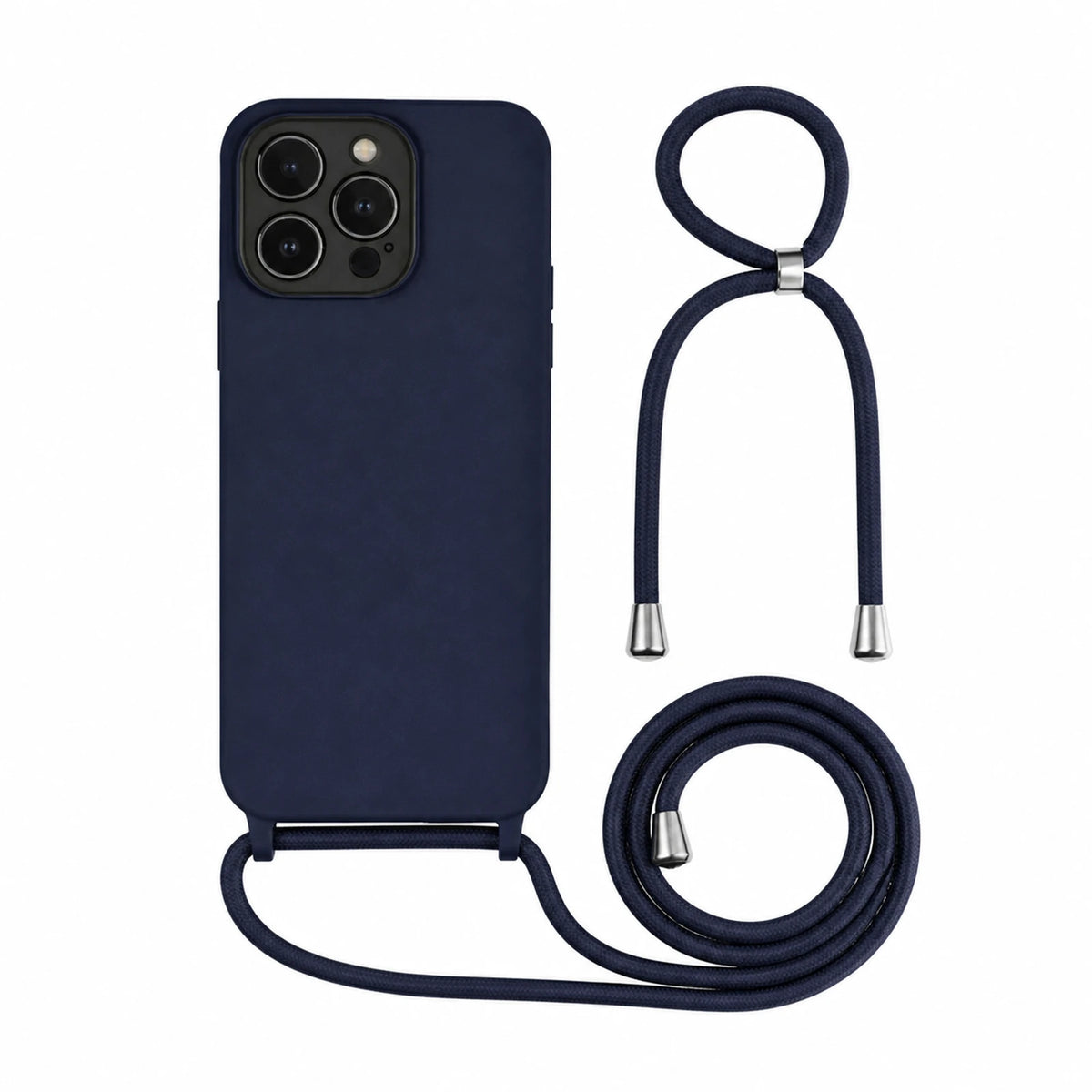 Capa Slim Bag azul-marinho para iPhone 15 Pro Max com escala ampliada e cordão completo sobre fundo branco