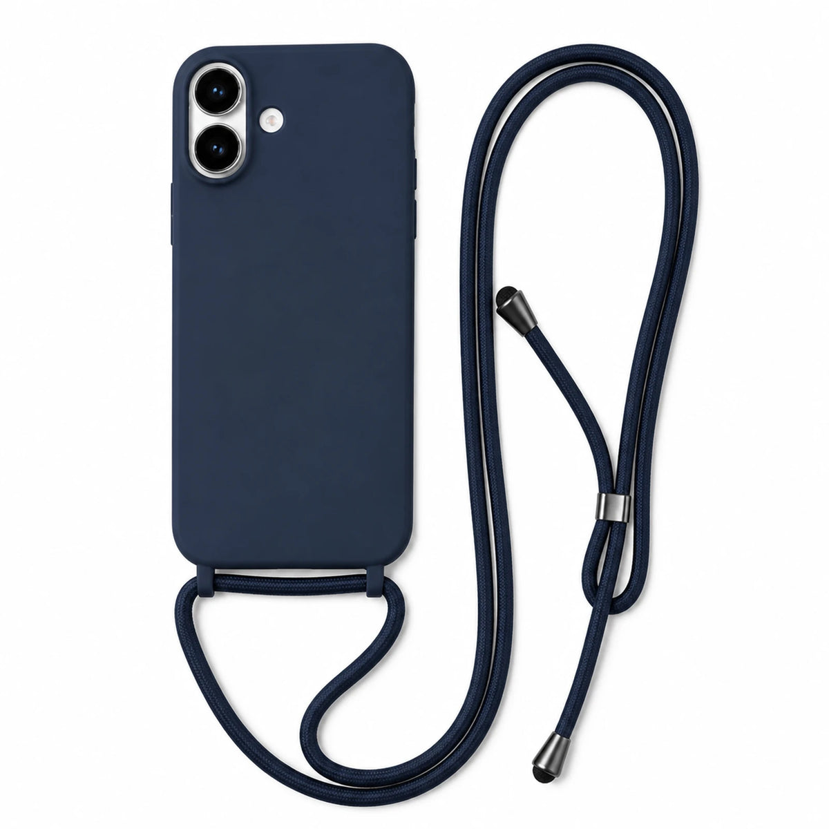 Capa Slim Bag azul-marinho para iPhone 16 com escala ampliada e cordão completo sobre fundo branco