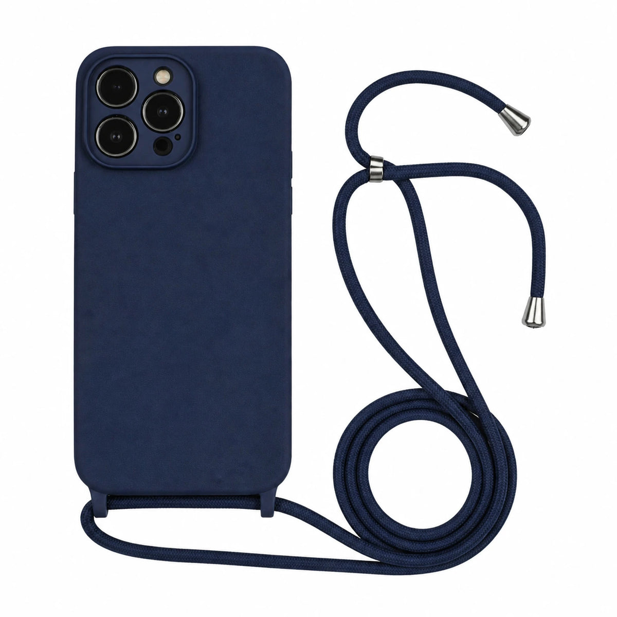 Capa Slim Bag azul-marinho para iPhone 16 Pro com escala ampliada e cordão completo sobre fundo branco