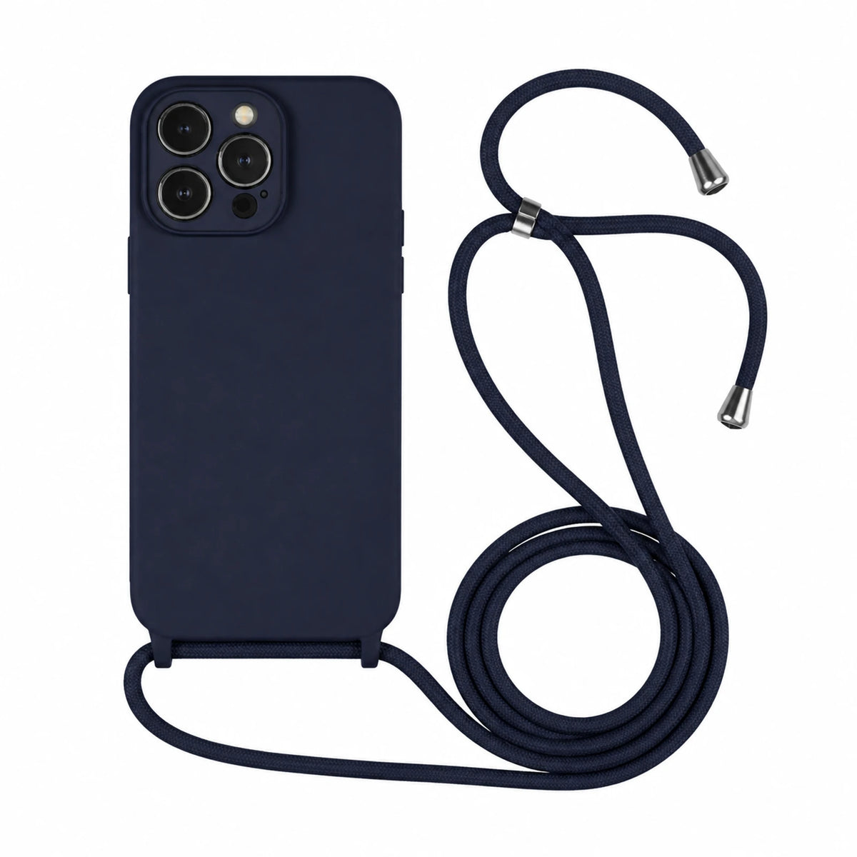 Capa Slim Bag azul-marinho para iPhone 16 Pro Max com escala ampliada e cordão completo sobre fundo branco