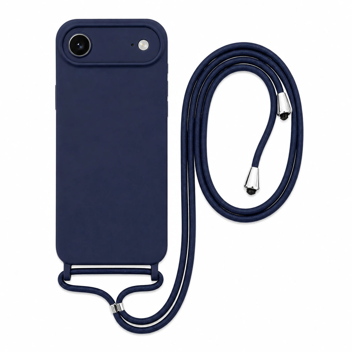 Capa Slim Bag azul-marinho para iPhone 17 Air com escala ampliada e cordão completo sobre fundo branco