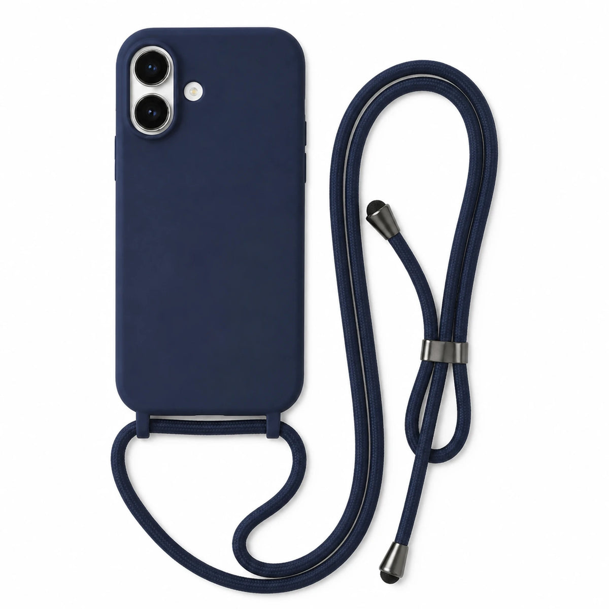 Capa Slim Bag azul-marinho para iPhone 17 com escala ampliada e cordão completo sobre fundo branco