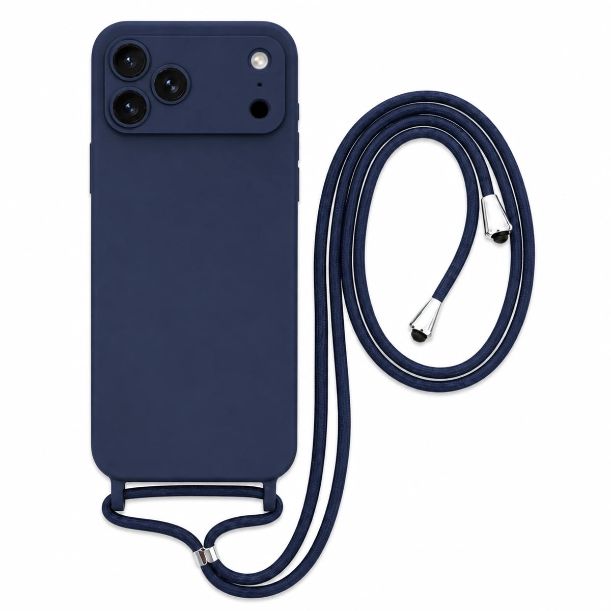 Capa Slim Bag azul-marinho para iPhone 17 Pro com escala ampliada e cordão completo sobre fundo branco