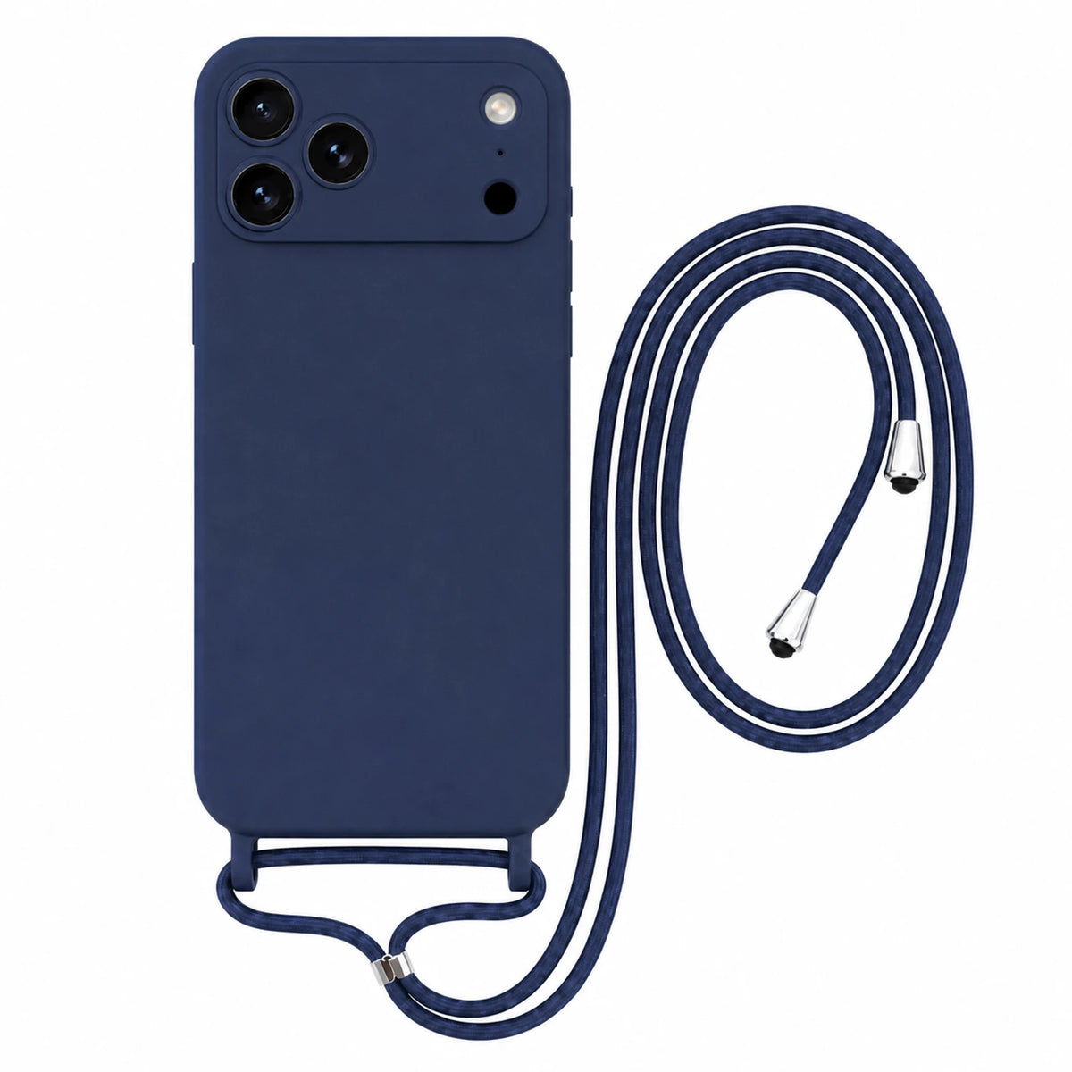 Capa Slim Bag azul-marinho para iPhone 17 Pro Max com escala ampliada e cordão completo sobre fundo branco