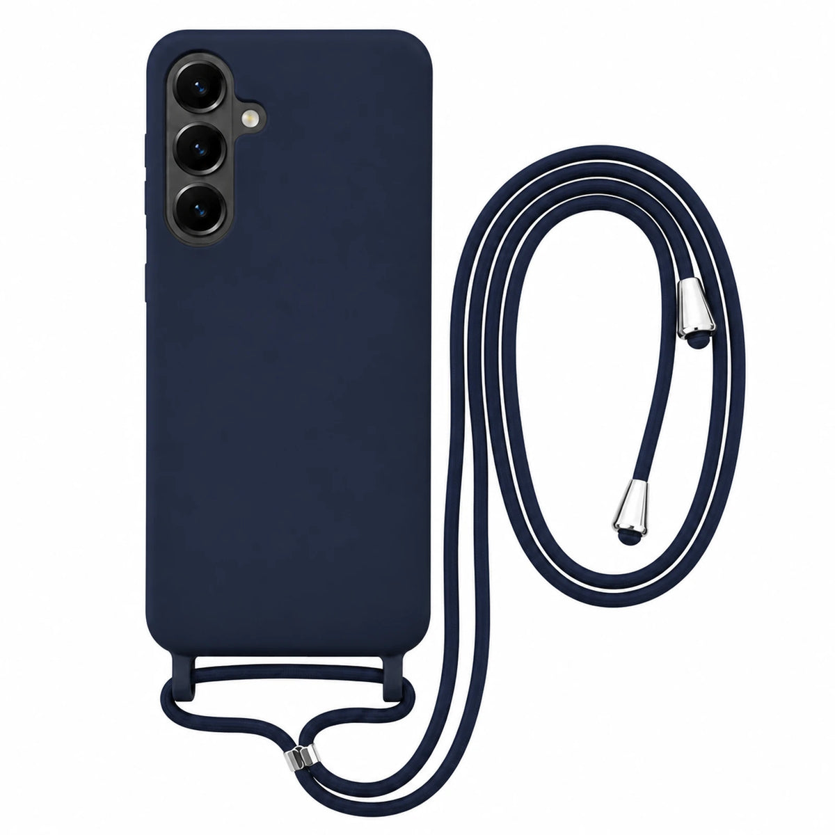 Capa Slim Bag azul-marinho para Samsung Galaxy S25 com escala ampliada e cordão completo sobre fundo branco