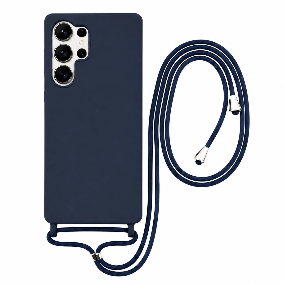Capa Slim Bag azul-marinho para Samsung Galaxy S25 Ultra com escala ampliada e cordão completo sobre fundo branco