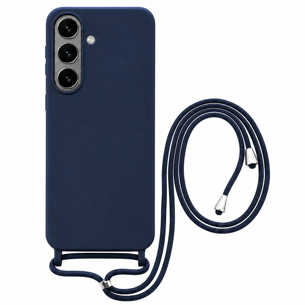 Capa Slim Bag azul-marinho para Samsung Galaxy S26 com escala ampliada e cordão completo sobre fundo branco
