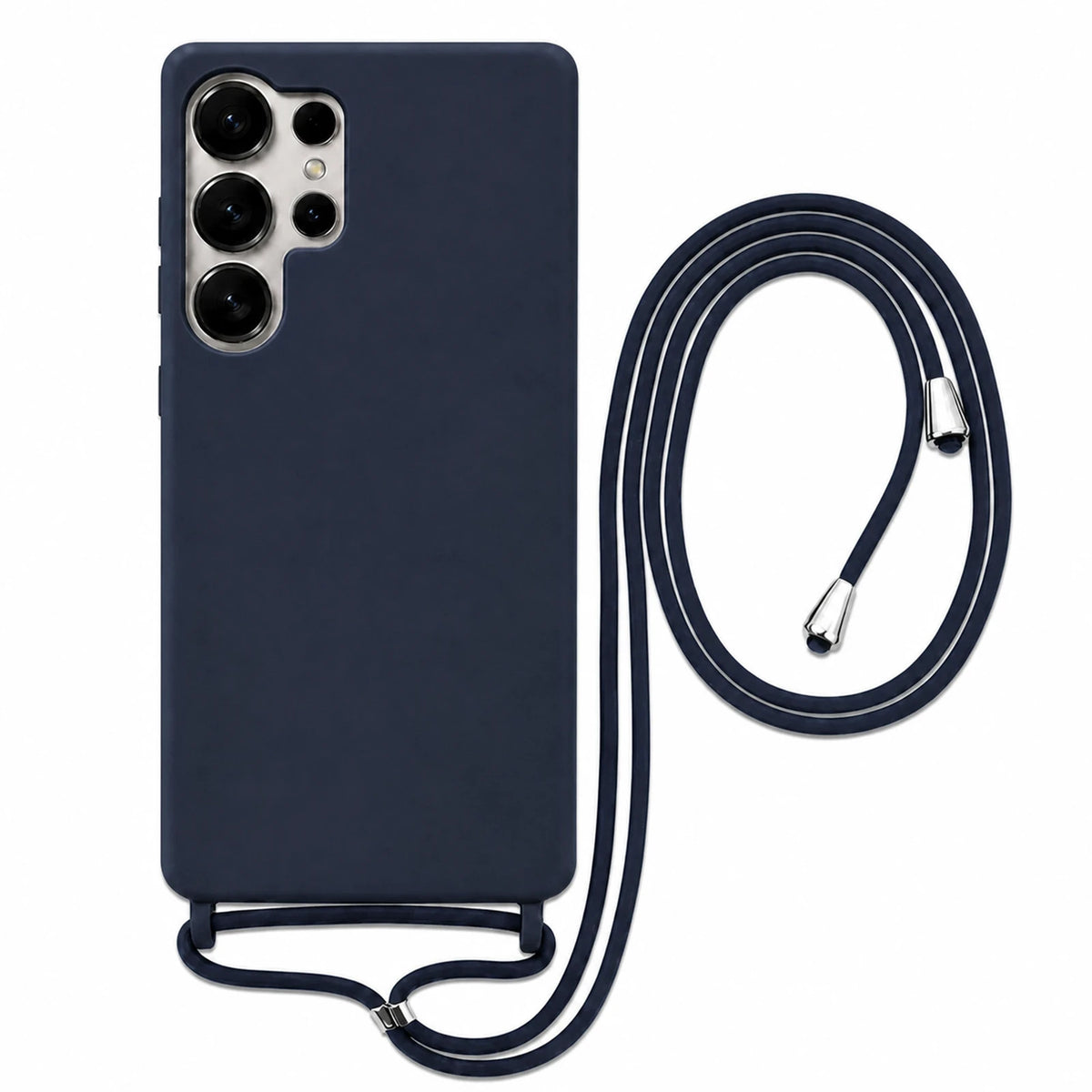 Capa Slim Bag azul-marinho para Samsung Galaxy S26 Ultra com escala ampliada e cordão completo sobre fundo branco