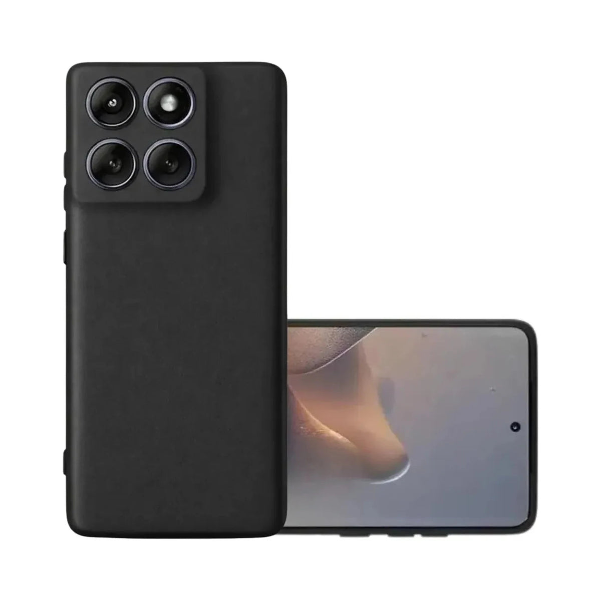 Capa Slim Lisa preta cadastrada para Motorola G67/G77 com o aparelho em vista frontal e traseira