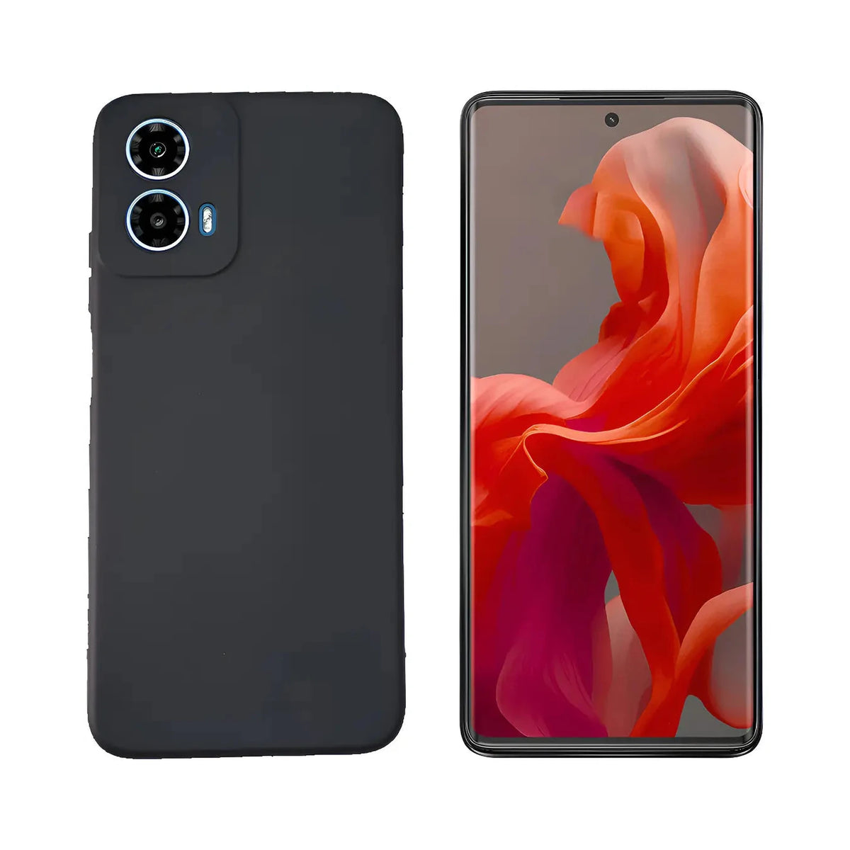 Capa Slim Lisa preta para Motorola Moto G85 5G com o aparelho em vista frontal e traseira