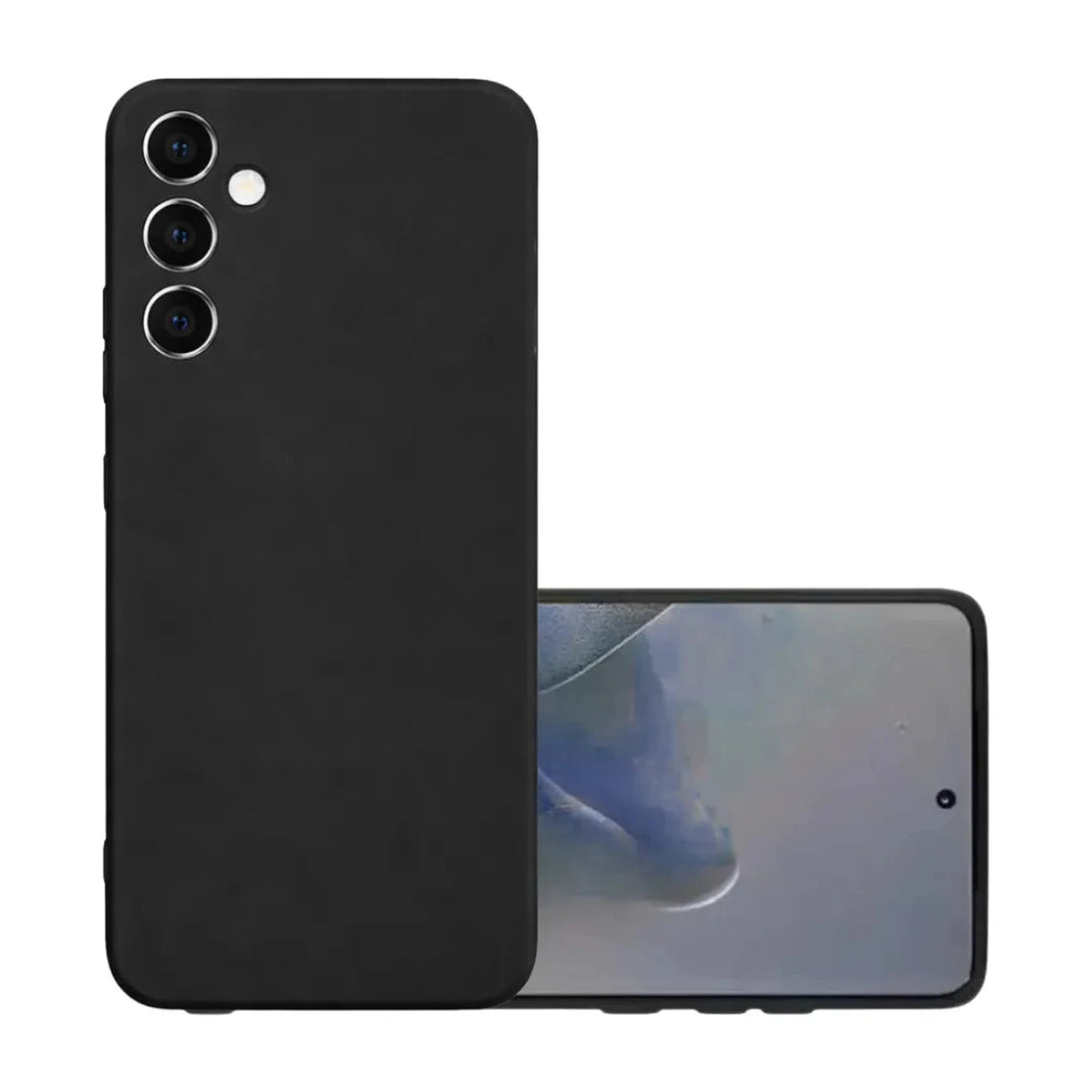 Capa Slim Lisa preta para Samsung Galaxy A27 com o aparelho em vista frontal e traseira