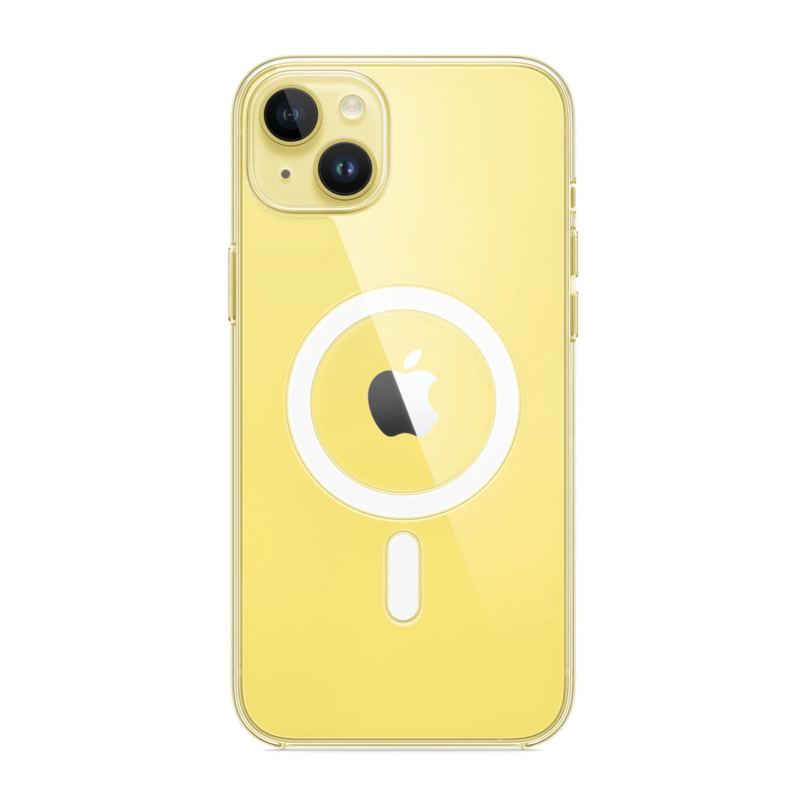 Capa transparente Ultra Impactor Clear MagSafe para iPhone 14 Plus aplicada em aparelho amarelo