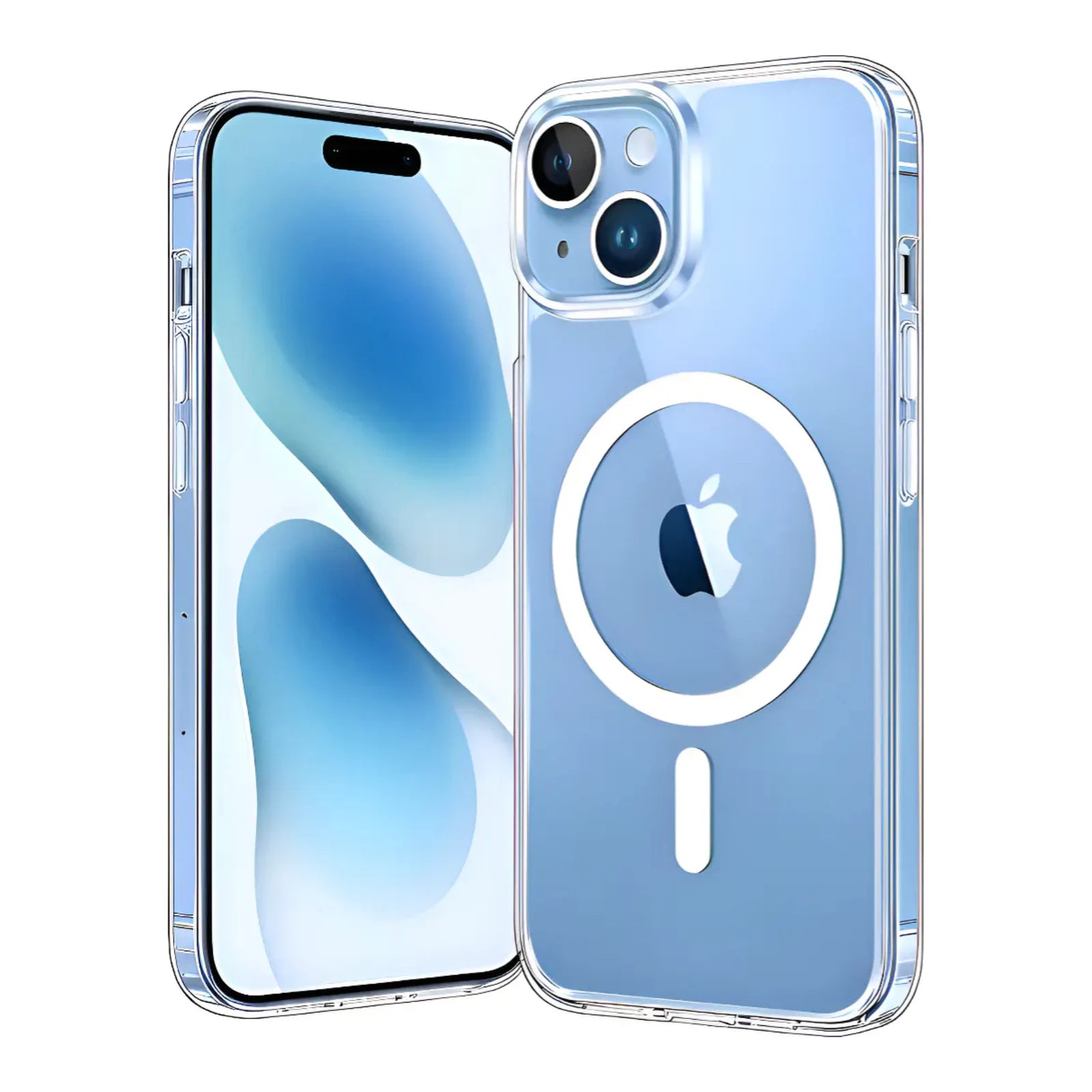 Capa transparente Ultra Impactor Clear MagSafe para iPhone 15 Plus em perspectiva frontal e traseira