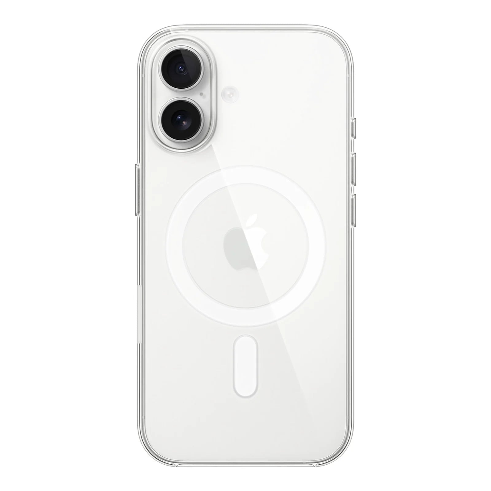 Capa transparente Ultra Impactor Clear MagSafe para iPhone 16 Plus aplicada em aparelho branco