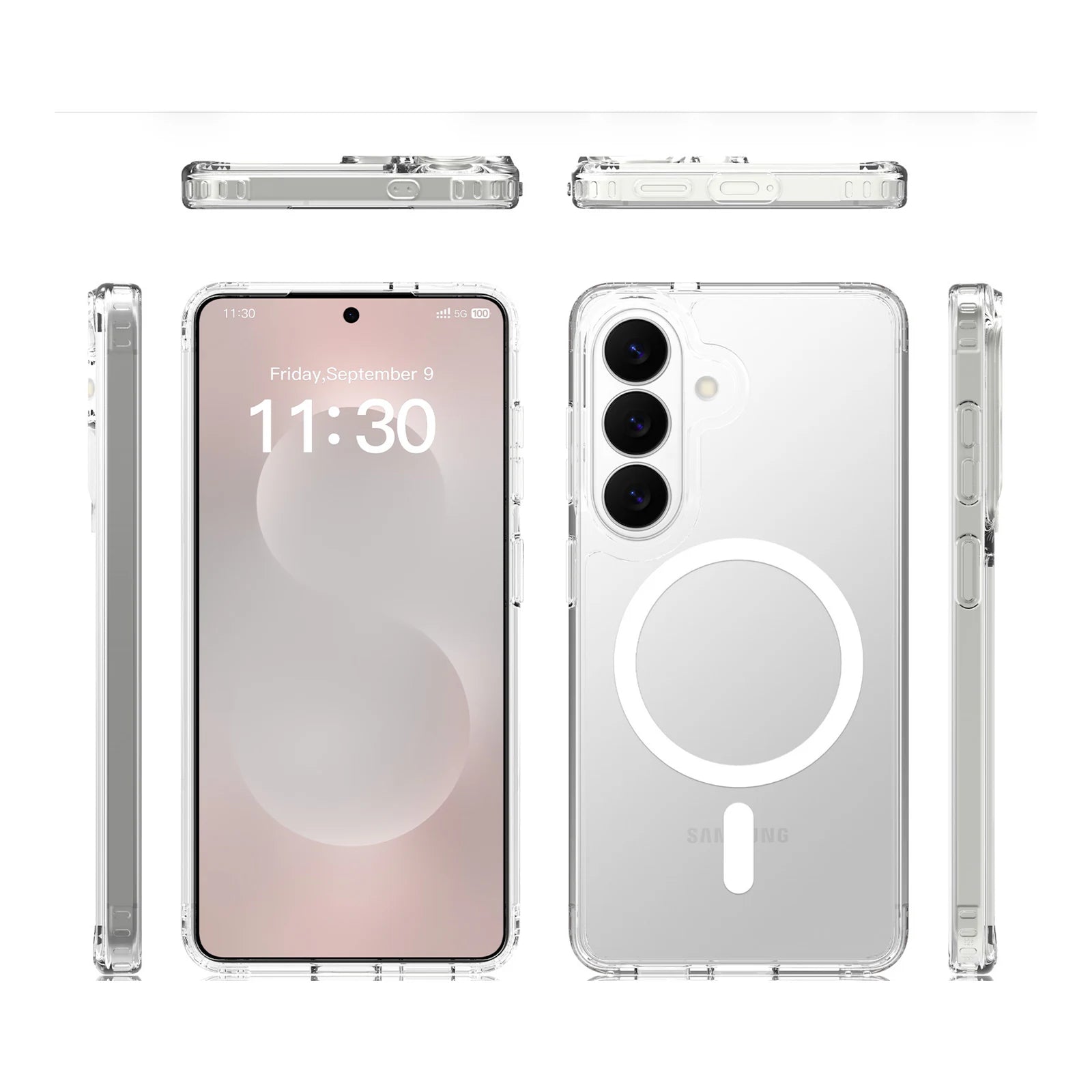 Capa Ultra Impactor Clear MagSafe para Samsung Galaxy S25 Plus nas vistas frontal, traseira e laterais
